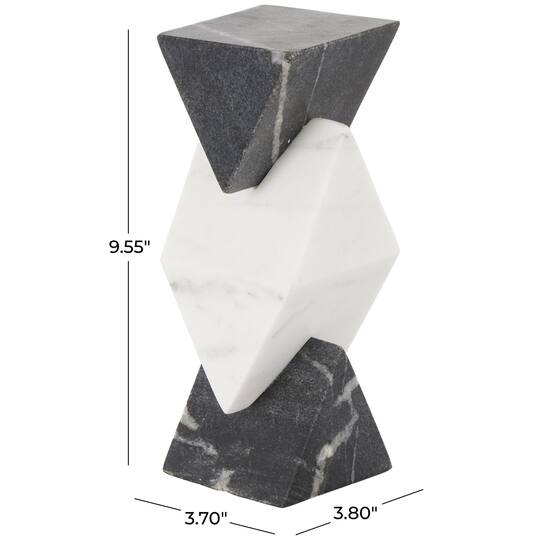 9.5" Black & White Geometric Stacked Pyramid Marble Sculpture with Diamond Center